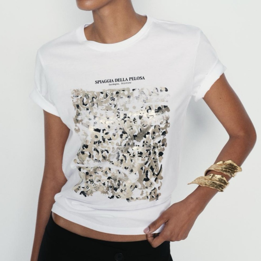 Zara T Shirt Sold Out Metallic graphic Gold Black Bloggers Mango M